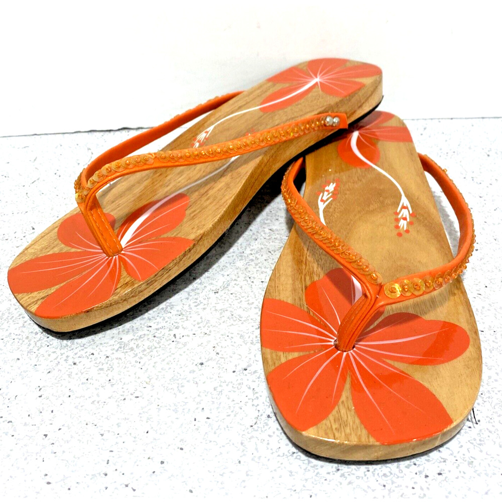 Zodax Plumeria Wooden Sole Thongs Sandals orange white clear sequins US size 8-9